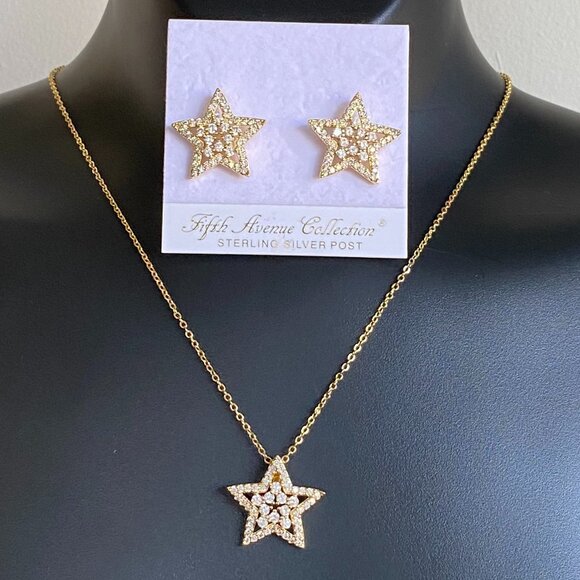 FAC Cubic Zirconia Gold Tone Star Necklace & Earrings - Picture 1 of 8